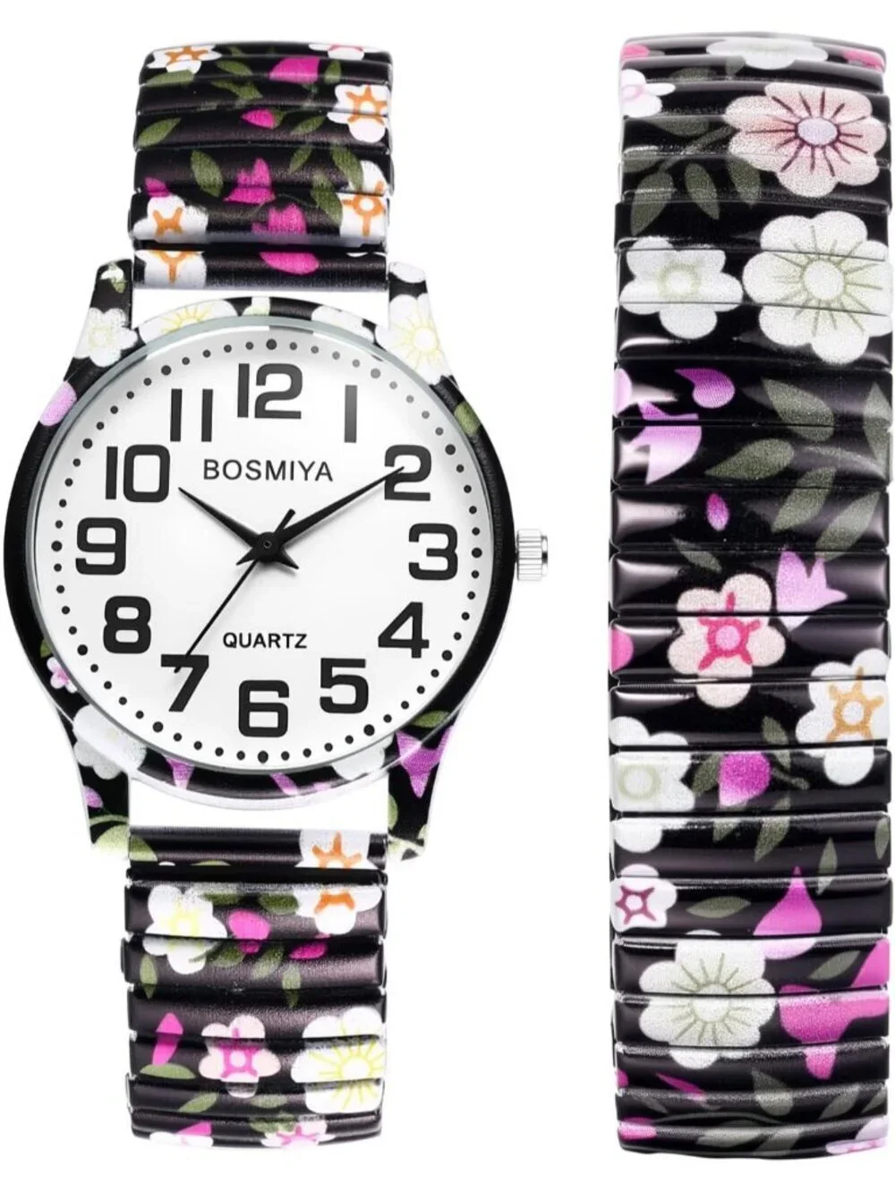 Women's Black And Pink Analog Elastic Stretch Band Bohemia Number Bracelet Watch